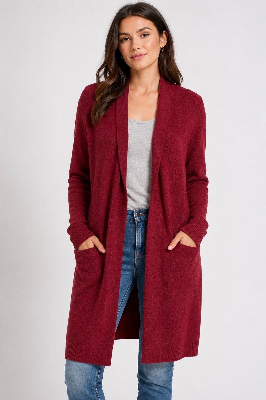 Treasure & Bond Burgundy Open Front Longline Soft Cardigan Sweater Pockets S
